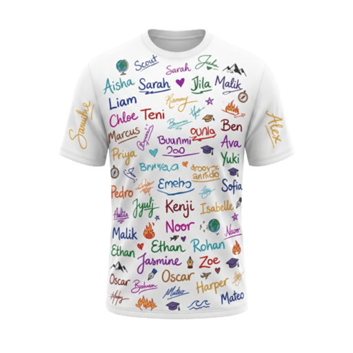 A white sign-out shirt covered in colourful signatures, names and doodles